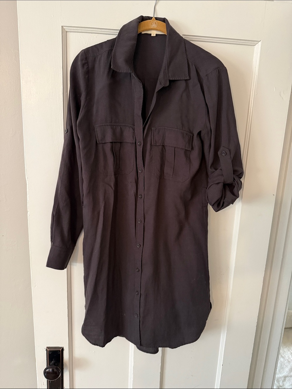 Long Button-Front Shirt Dress in Dark Charcoal